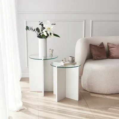 Image de Skye Decor, Lily - White, table d'ensemble (2 pièces), blanc, 100 % verre trempé, 40 x 40 x 50 cm