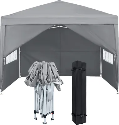 Image de TRMLBE Pavillon pliable 3x3m Pavillon de jardin pliable avec 4 parties latérales & fenêtres & sac de transport Tente d'osier Tente de jardin protection UV, Gris