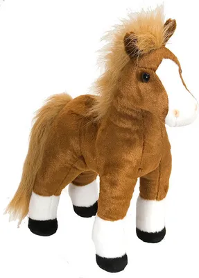 A plush toy horse standing on a white background.