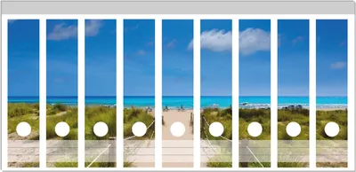 Produktbild von Wallario Ordnerrücken Sticker, selbstklebend für breite Ordner, 9 Stück, Motiv Sandweg zum blauen Meer mit blauem Himmel