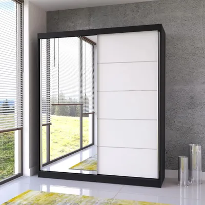 Produktbild von Schwebetürenschrank Kleiderschrank Schrank 183 cm Schwarz/Weiß mit Spiegel Bella 03