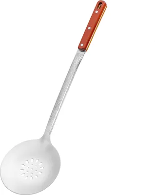 A kitchen utensil with a metal head and a wooden handle, isolated on a white background.