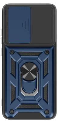 A close-up, studio shot of a dark blue phone case with a sliding camera cover and a magnetic ring holder.