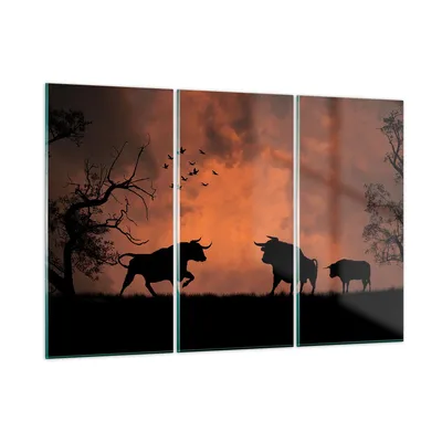 Produktbild von Bilder auf glas - Tier wütend Stier - 105x70cm - Glasbilder - Wandbilder - Kunstdruck - zum Aufhängen bereit - Wanddekoration aus Glas - Glas Bilder - Wandbild auf Glas - 3 Teile - GCE105x70-0494