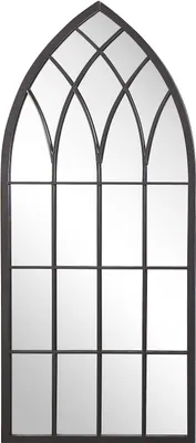 A gothic-style arched mirror with a metal frame.