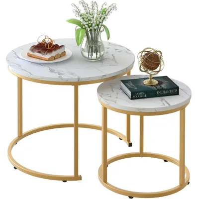 Productafbeelding van Set van 2 ronde bijzettafels, metalen frame, diameter 60 cm, wit met marmerlook, gouden accenten