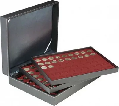 Produktbild von Lindner 2365-2754E Münzkassette NERA XL mit 3 Tableaus und dunkelroten Münzeinlagen für 162 Münzen mit Ø 25,75 mm, z.B. für 2 Euro-Münzen