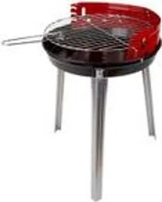 A red and black charcoal grill with three silver legs, shown against a white background.