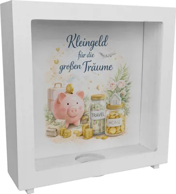 Produktbild von Kleingeld für die großen Träume Rahmen Spardose aus Holz