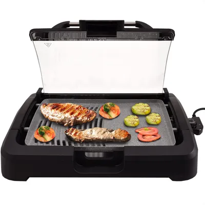 Produktbild von Syntrox Germany Elektrogrill mit Keramikplatte – 2200W / 1650W, kompakter Tischgrill für schnelles BBQ mit Glasscheibe, spülmaschinenfest