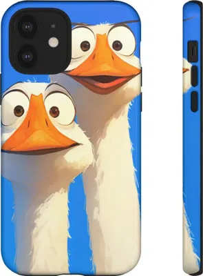 Produktbild von Zwei lustige Gänse mit großen Augen auf blauem Hintergrund – Hülle Kompatibel mit iPhone 12