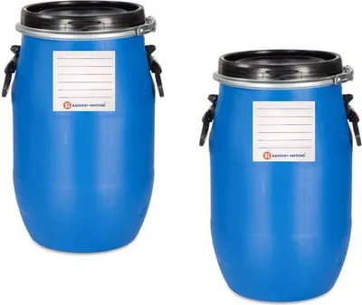 Produktbild von kanister-vertrieb® 2 Stück 30 Liter Deckelfass, Kunststofffass, Futtertonne, Fass, Plastikfass Farbe blau inkl. Etikett (2x30 D)