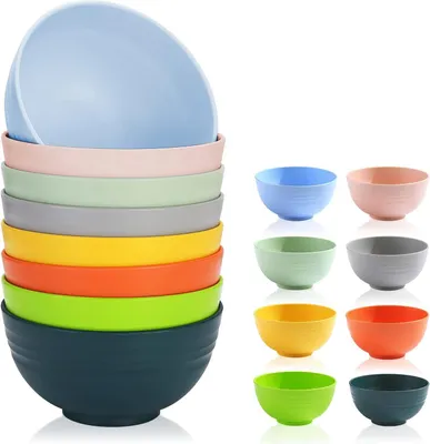 Produktbild von Plastik Schüssel Set 8 Farben 760 ml, wiederverwendbar und langlebig, Besteck für Suppe, Müsli, Ramen, Salat, Abendessen, Popcorn, BPA frei, mikrowellenfest, spülmaschinenfest