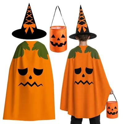 Kürbiskostüm 3-in-1 Set: Umhang, Hut, Tasche für Halloween