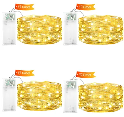 Productafbeelding van LED-lichtsnoer - Set van 4 - Batterij met timer - 2 m - 20 leds - Warmwit