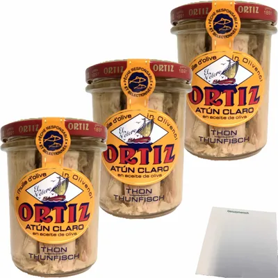 Produktbild von Conservas Ortiz Atún Claro, feinster Gelbflossen-Thunfisch in Olivenöl 3er Pack (3x220g Glas) + usy Block