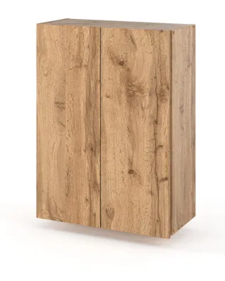 A wooden cabinet with two doors against a white background.