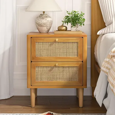 Image de Table de chevet en rotin - Petite table de nuit - Commode - Table d'appoint - Meuble de chambre - 2 tiroirs