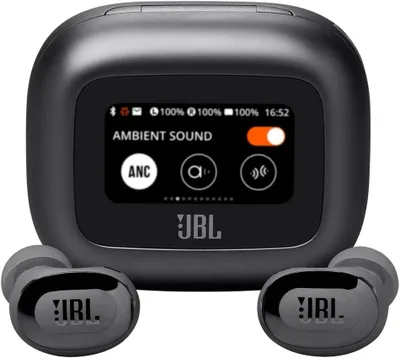 A pair of black JBL wireless earbuds and their charging case are displayed against a black background.