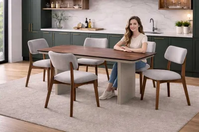 Immagine prodotto di Elegante set da pranzo con tavolo in legno e 4 raffinate sedie imbottite – 5 pezzi