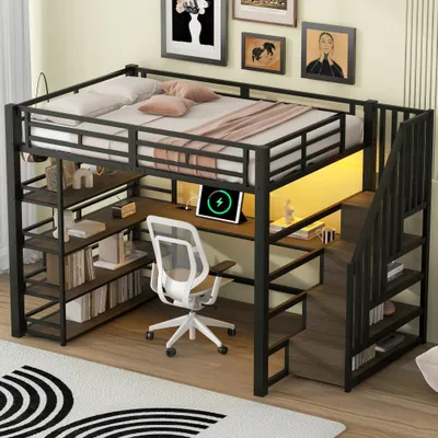 Produktbild von Metall-Hochbett mit Treppe, integriertem Schreibtisch, Stauraum, USB und LED-Licht, 140x200 cm, Schwarz