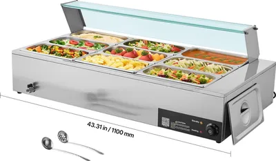Immagine prodotto di Scaldavivande commerciale - Bagnomaria elettrico / chafing dish - 9 contenitori da 1/3 GN - Potenza 1,5 kW - Acciaio inox - Coperchio in vetro - Mestolo per zuppa incluso