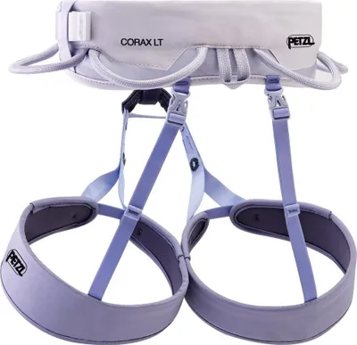 Hellgrauer Petzl Corax Lt Women Klettergurt mit gepolsterten Beinschlaufen und mehreren Materialschlaufen