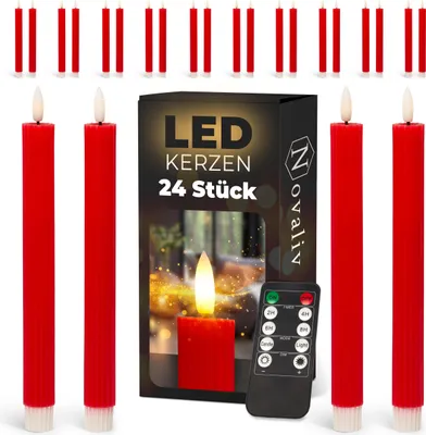 Produktbild von LED Stabkerzen 24 Stück ECHTWACHS gerippt ROT - mit Timer Funktion 6 Stunden - 23cm Höhe für Kerzen 2,2cm Durchmesser 2 AAA Batterien notwendig LED Stabkerzen 2er Set 6x ROT bewegliche Flamme Licht