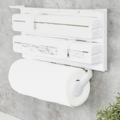 Produktbild von 3in1 Küchenrollenhalter für Alufolie Frischhaltefolie Küchenrolle Weiß Wandrollenhalter mit Folienschneider Rollenhalter mit praktischem Schneidabroller
