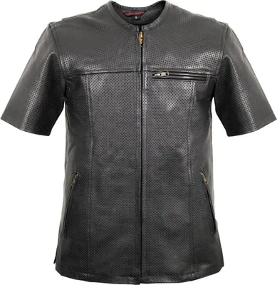 Produktbild von Biker Kutte Lederhemd Kurz Arm Hemd Lederkutte Club Perforiertes Leder Schwarz(2XL)