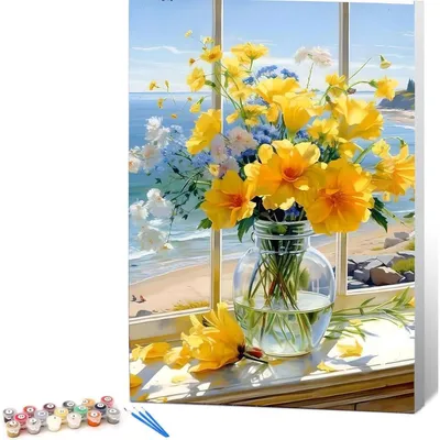 Immagine prodotto di Kit per dipingere per adulti, soggetto: paesaggio, dimensioni 40x50 cm, con fiori gialli