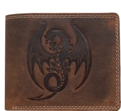 Produktbild von Hochwertiges Büffelleder Portemonnaie mit RFID-Schutz und Drachen-Motiv in Hunter Braun Q