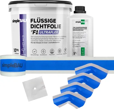 Produktbild von SimpleBau F1 Ultraflex Dichtset Flüssigdichtfolie gebrauchsfertig + Grundierung + elastisches Dichtband für Fugen und Ecken zum Abdichten von Bädern, 10KG+TF1L+DB10M+4INN+1WAN