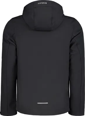 The back view of a black men's softshell jacket.
