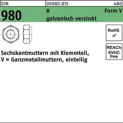 Produktbild von Reyher  980-8 Sich. Muttern M 12 galv. verzinkt (250 Stück)