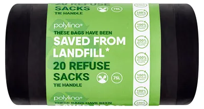 Productafbeelding van Polylina vuilniszakken, 75 liter, 20 zwarte vuilniszakken met handgreep, 100% gerecycled