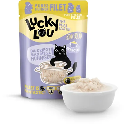 A pouch of cat food with a bowl of the food in front of it.