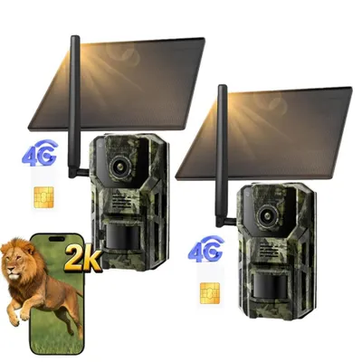 Image de Caméra de chasse solaire 4G LTE avec application de transmission sur mobile, carte SIM, résolution 2K, détecteur de mouvement, vision nocturne, délai de déclenchement de 0,2 s, étanche, GPS, lot de 2