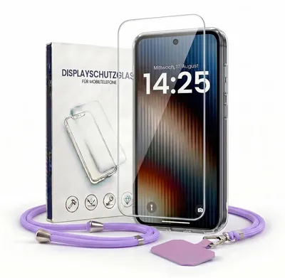 Produktbild von Handyhülle für Samsung Galaxy S26 mit Handykette und 9H Displayglas Displayschutz Band in Lila Violett Kordel Hülle Case Schutzhülle Transparent