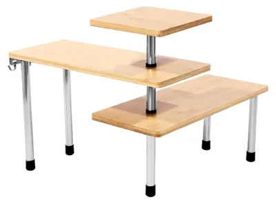 Produktbild von 3-stufiges Gewürzregal, Eckregal für Arbeitsplatten, 360° drehbar mit 4 seitlichen Haken, Küchengewürz-Organisator, geeignet für Küche, Bad, Schrank, Holzfarbe