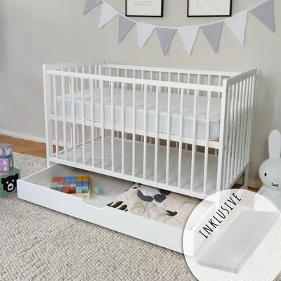 Image de Lit bébé 60x120 cm avec matelas et tiroir Lit d'enfant à barreaux réglable en hauteur & barreaux amovibles | blanc très stable  Europe