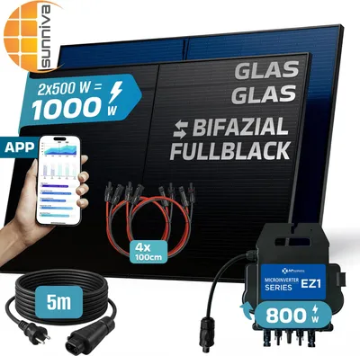 Produktbild von SUNNIVA® 1000W Balkonkraftwerk BIFAZIAL FULLBLACK komplett Steckdose AP Systems EZ1-M 800 W Wechselrichter, Komplettset 2x500W Solaranlage Solarmodule