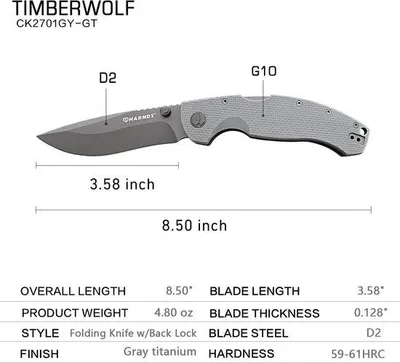 Produktbild von Faltmesser mit 3,6 Zoll D2-Stahl-Blade, glatter Kantenrückverschluss, G10-Griff, Grau, Titan