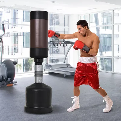Produktbild von Standboxsack höhenverstellbar 158–186 cm, Boxpuppe Boxdummy Kunstleder, Schwarz-Braun | 58x58x186 cm | Standfuß bis 150 kg Sand | Federung