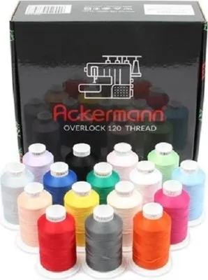 Produktbild von Ackermann Overlock Bauschgarn Nähgarn 16 x 1000m Box, Stärke 120, 100% Polyester