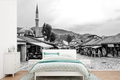 Produktbild von MuchoWow® Fototapete für Wohnzimmer oder Schlafzimmer Wandtapete Vinyl Motivtapete Alter bosnischer Marktplatz von Sarajevo - schwarz und weiß - 390x260 cm - Papiertapete