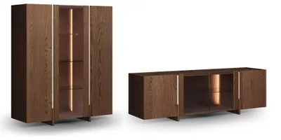 Produktbild von Wohnwand Travertino Anbauwand 2-teilig Wildeiche Tabak Massivholz Naturstein wählbar,mit Travertin Naturstein