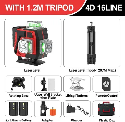 Produktbild von Kreuzlinienlaser - 16 Linien 4D - Horizontal & Vertikal 360° - Grüner Laser - Selbstnivellierend - Genauigkeit ±2,8 mm/10 m - Stativ + Kunststoffkoffer