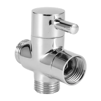 A chrome-plated three-way diverter valve for a shower system, shown against a white background.