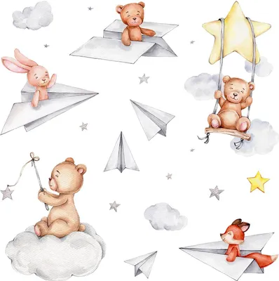 Produktbild von Wandaufkleber Kinderzimmer – Wandsticker für Baby & Kinder – Selbstklebende Wanddekoration – Abnehmbar ohne Rückstände – Deko für Mädchen & Jungen - Niedliche Tiere und Flugzeuge in Aquarellfarben100x142 cm